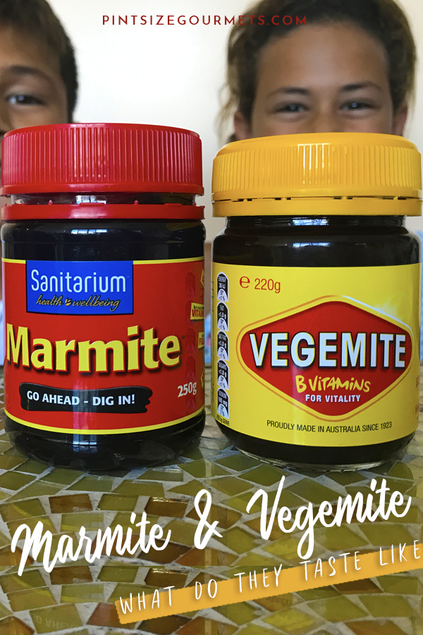 Bottles of marmite and vegemite on a mosaic-tiled table with the text Marmite & Vegemite - What do they taste link