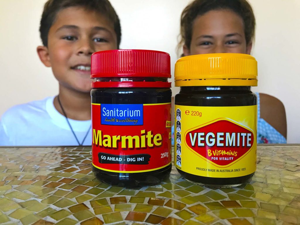 marmite vs vegemite with leah and jaffer in the background