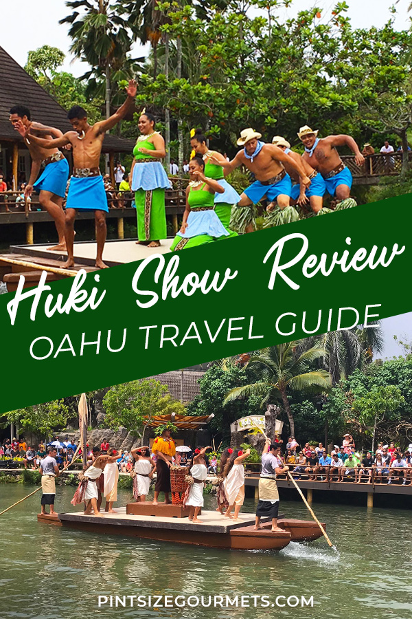 Performers standing on canoes over the water at the Polynesian Cultural Center with text overlay stating Huki Show Review Oahu Travel Guide